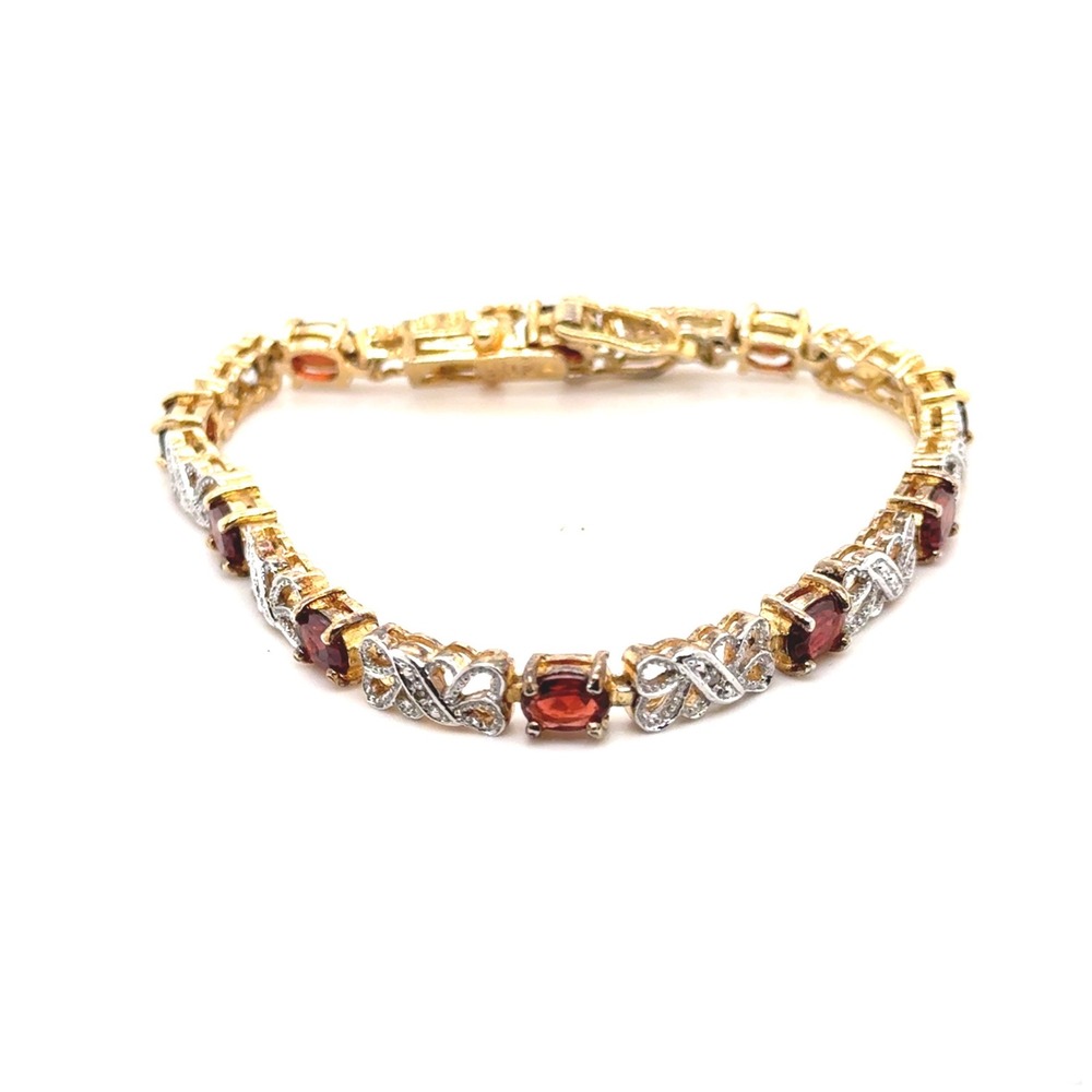 925 Sterling Silver Gold Tone Red Garnet Infinity Link Tennis Bracelet 7.5"